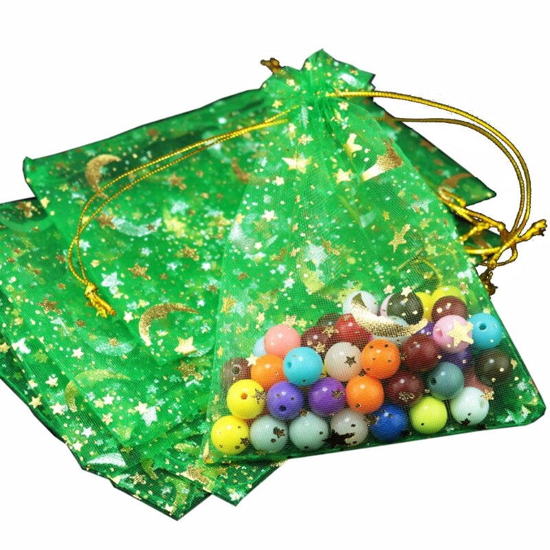 100Pcs Moon Stars Trekkoord Organza Zakjes Koord Kleine Sieraden Bags Zakjes Voor Wedding Party Valentijnsdag: green