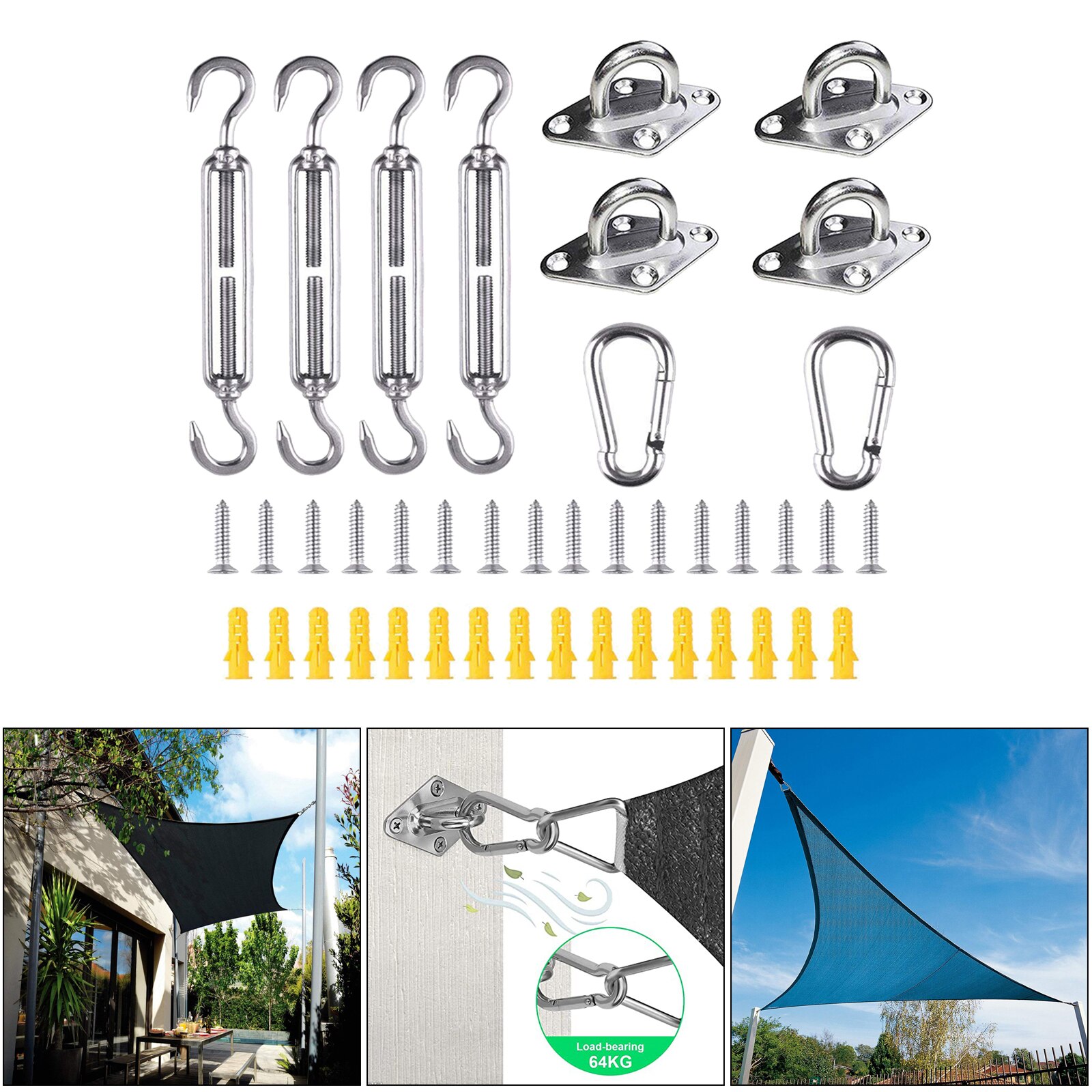 Awning Install Attachment Set Heavy Duty Sun Shade Sail 304 Stainless Steel Anti-Rust Hardware Kit for Home Garden Sunshade