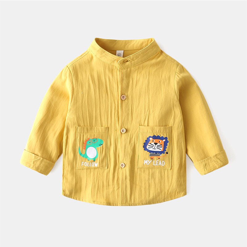 Csual Nette Karikatur Jungen Hemden Madarin Kragen freundlicher Spitzen Outfit Sommer Herbst freundlicher Kleidung: Gelb / 90(2T)