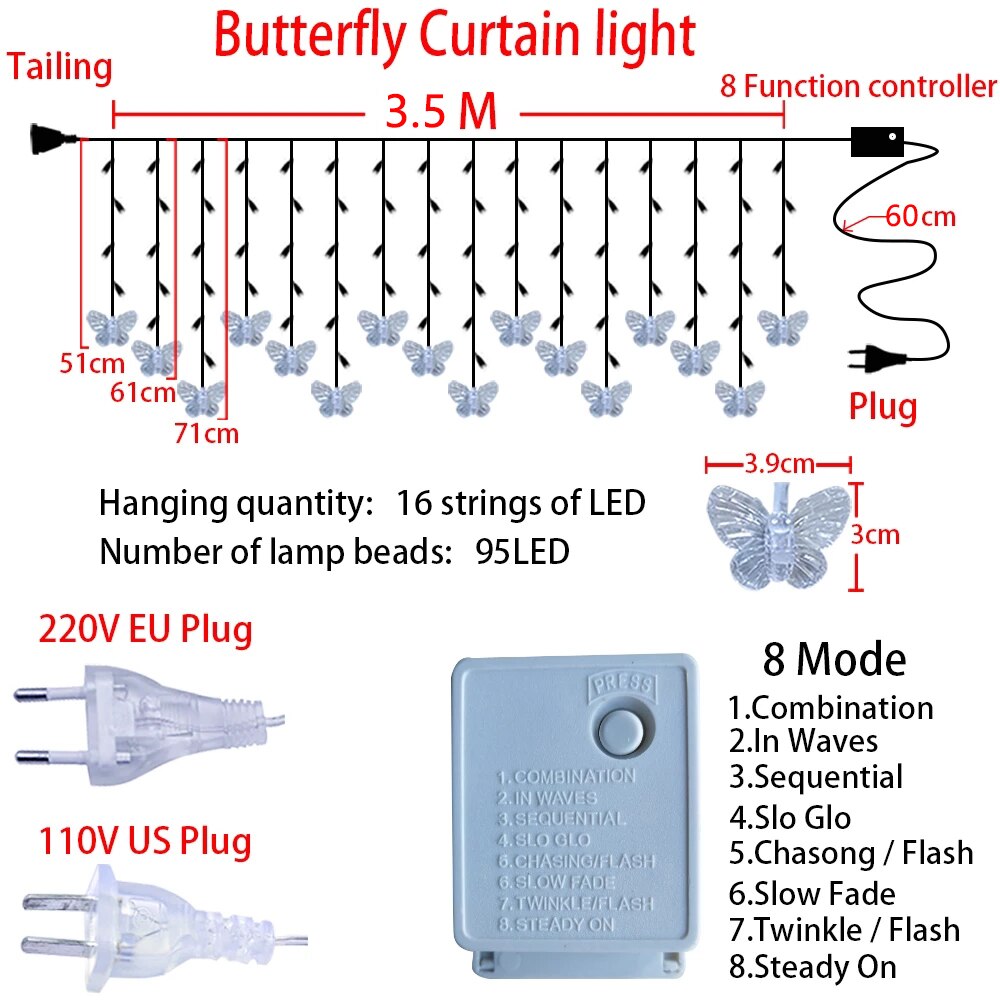 Guirnalda de mariposas LED rosa y morado, cortina de luces de hadas para habitación, sala de estar, hogar, decoración de boda, decoraciones para dormitorio