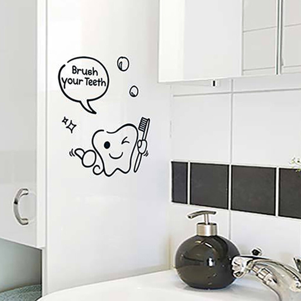 Removable Cartoon Tooth Brush Teeth bathroom glass wash toilet tile personality bath brushing wall sticker Art Decoration