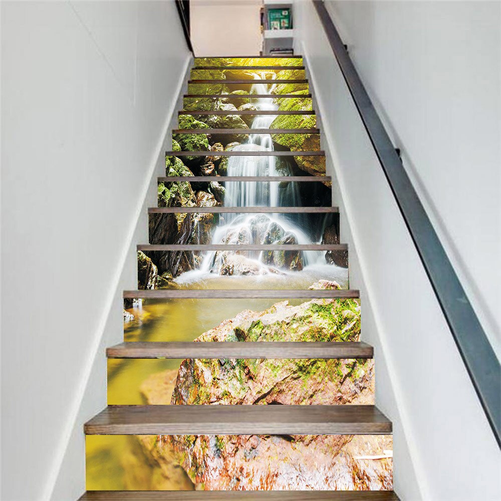 13 unids/set 3D escaleras pegatinas impermeable desmontable auto-adhesivo pared piso calcomanías murales adhesivos decoración para el hogar cascada 18*100cm