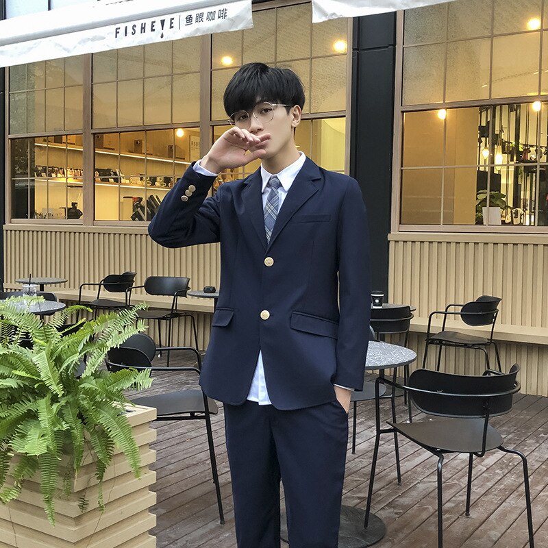 Men Blazer Jacket Suit Set JK High School Uniform Students Male Preppy Style Top Outwear Coat Long Pants