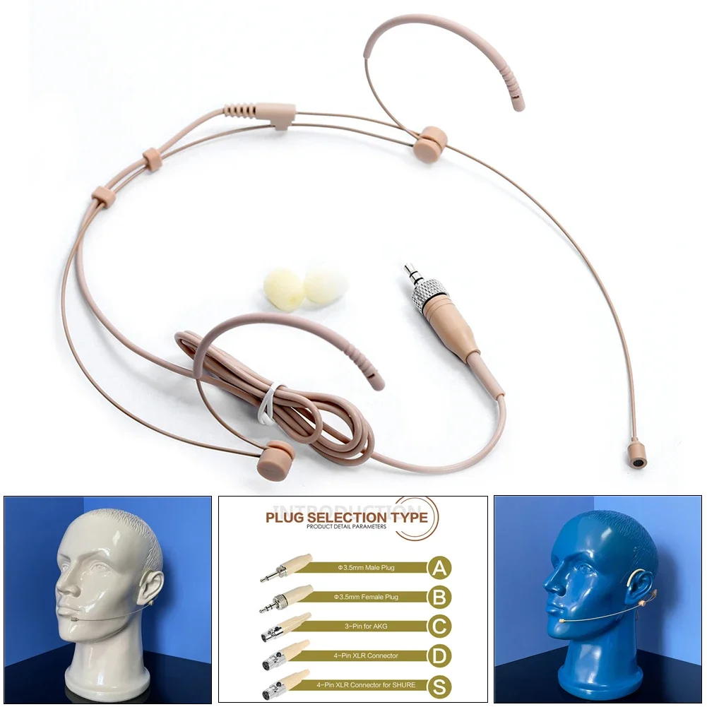 Beige Double Earhook Headset Mic 3.5mm 3 Pin 4 Pin XLR Plug Headworn Microphone Portable Audio & Video