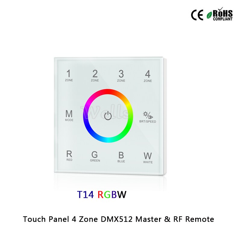 T11/T12/T13/T14 Panel táctil de 4 zonas RGB DMX512 Master y mando a distancia RF para un solo color/temperatura de color/RGB/tira led RGBW