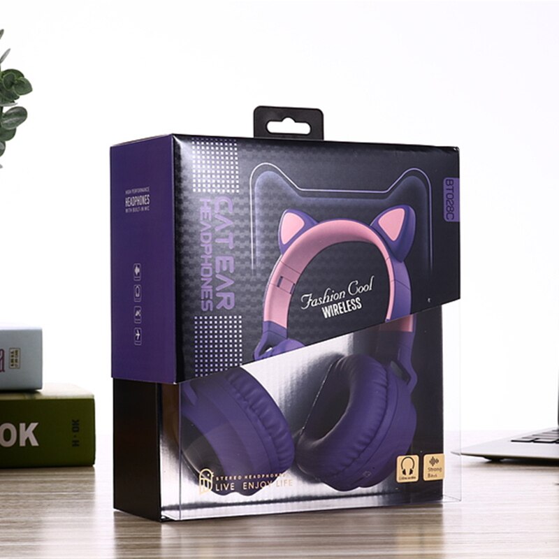 Cute Cat Bluetooth 5.0 Headset Wireless Hifi Music Stereo Bass Headphones LED Light Mobile Phones Girl Daughter Headset For PC: purple with box