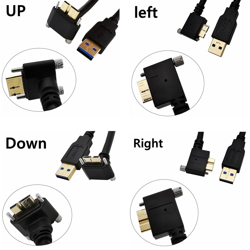 Gold-plated USB 3.0 A Male to Micro B Male 90° Angle with optional Screw Locking Cable for camera hard disk box player 0.3m-3m