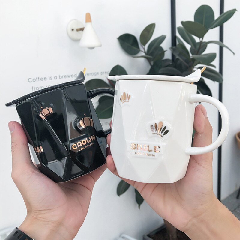 Porcelain mugs 400ml Spoon with lid porcelain mugs Multilateral Irregular Ceramic Cup Cup Business Office Tea Cup