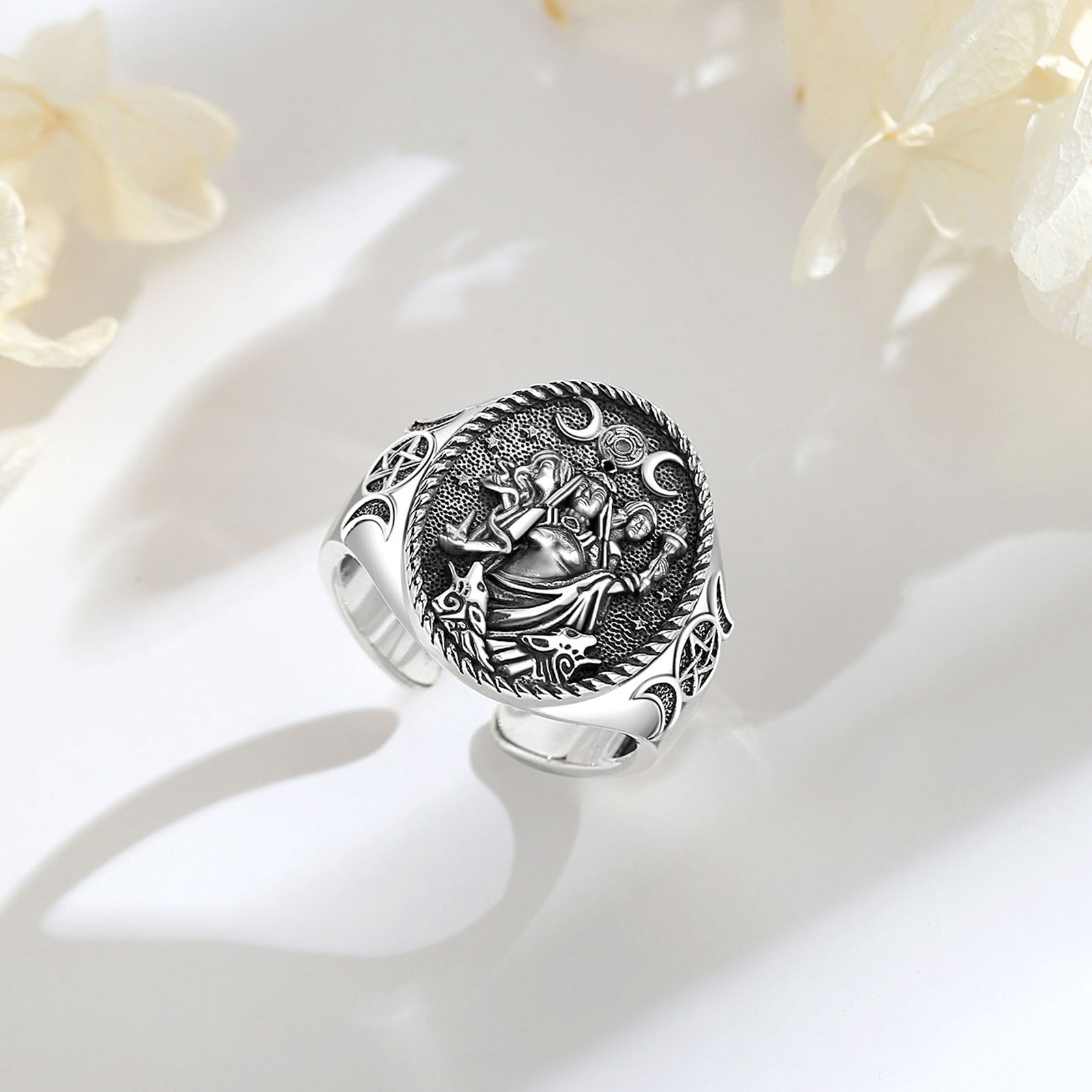 Anillo ajustable Eudora de Plata de Ley 925 con Triple diosa de la Luna, amuleto de perro Hecate, joyería de diosa Triple para mujer y hombre,