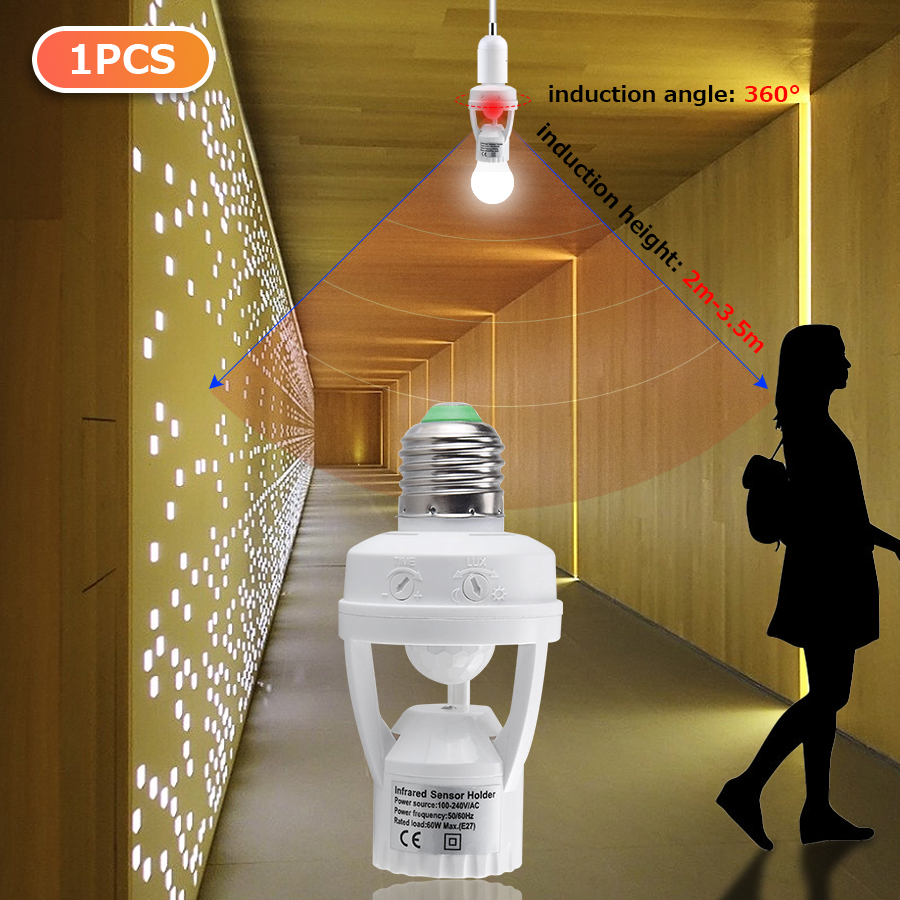 Socket E27 Converter With PIR Motion Sensor Smart Home High Sensitivity Smart Switch E27 Lamp Holder Base For Led Lamp: 1 pcs