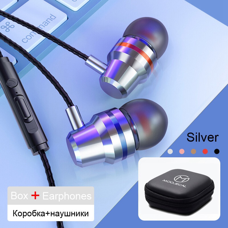 MOOJECAL In Ear Wired 3.5mm Earphone Earbuds Music Headphone for Xiaomi Samsung Iphone Smartphone with Microphone Wired Headset: Silver with Box