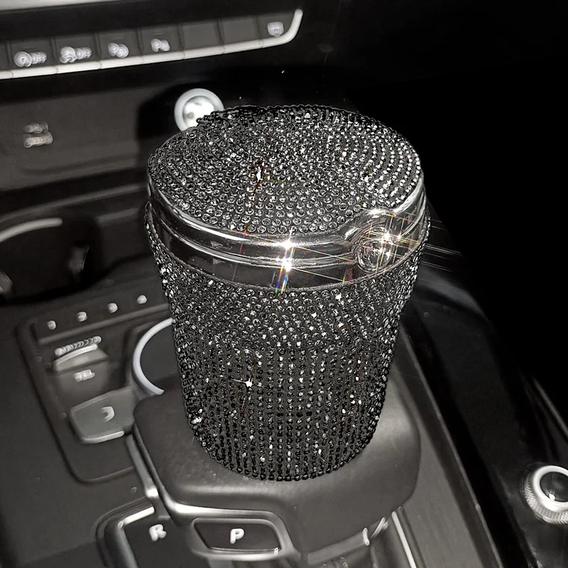 Cenicero de coche portátil para mujer, portavasos cilíndrico sin humo con indicador de luz LED azul, accesorios para coche: Negro