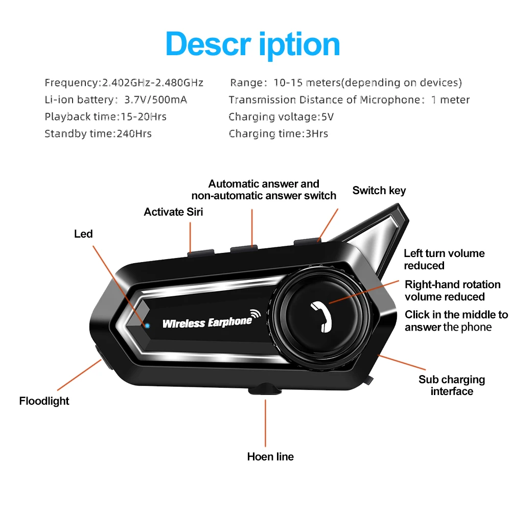 BT31 auriculares para casco de motocicleta Bluetooth 5,3 control de voz 500mAh auriculares inalámbricos manos libres impermeables con iluminación LED