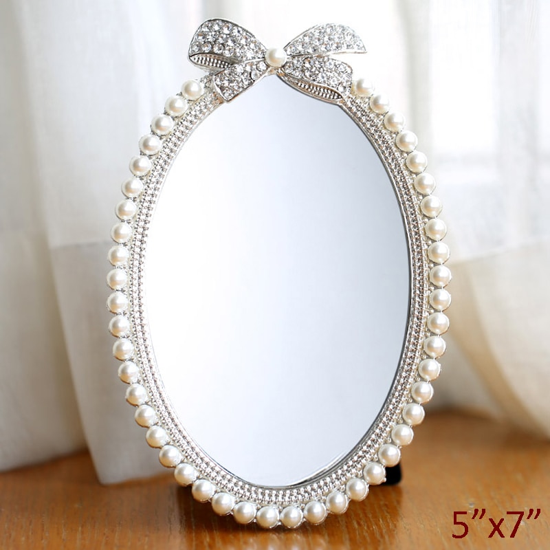 Shiny Silver Plating met Witte Parels en Strass Steentjes Juwelen Lint 5x7 inch Ovale Metalen Frame Tafelblad spiegel