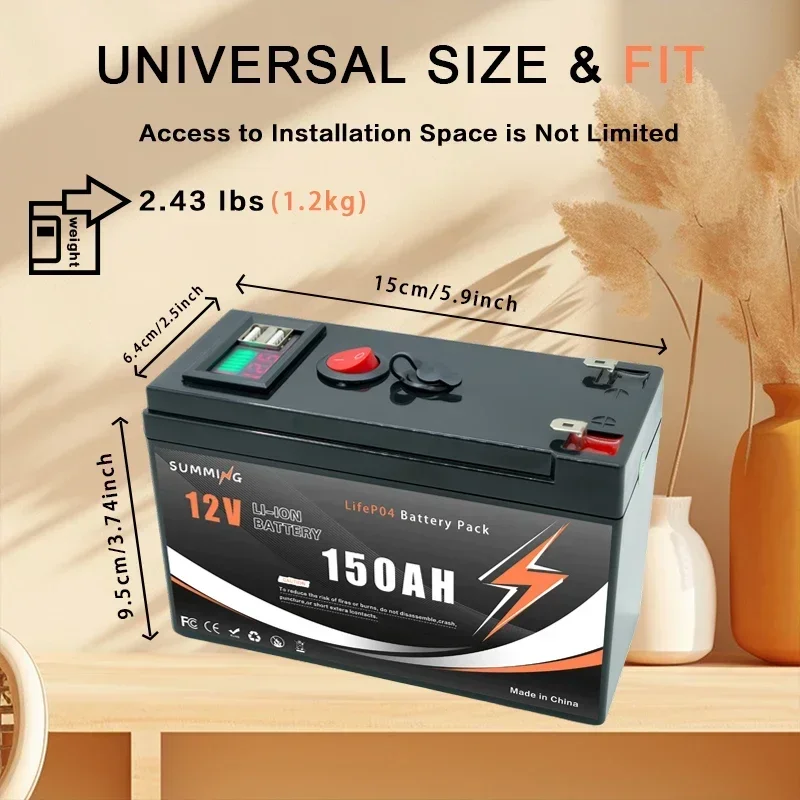 LiFePO4 12V 150Ah wiederaufladbare Lithiumbatterie mit integriertem BMS, für Spielzeug, Solarmodule, Fischfinder, Power Wheels️