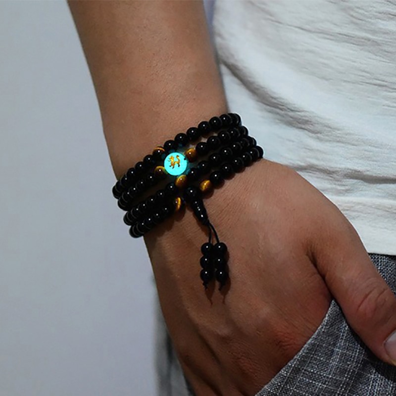 Glowing in the Dark Moon Luminous Bracelet for Women Men Lover Dragon Black Buddha 108 Male Beads Bangles & Bracelets Handmade