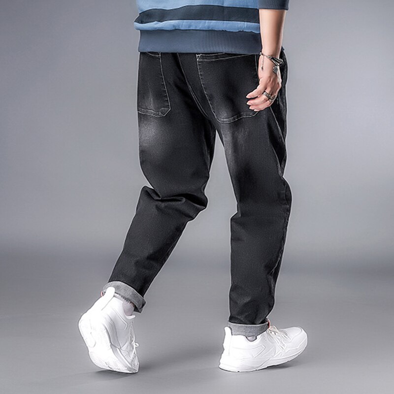 Casual joggingjeans dragsko elastisk midja rynkiga fötter byxor herr jeans haremsbyxor retro blå motorcykel