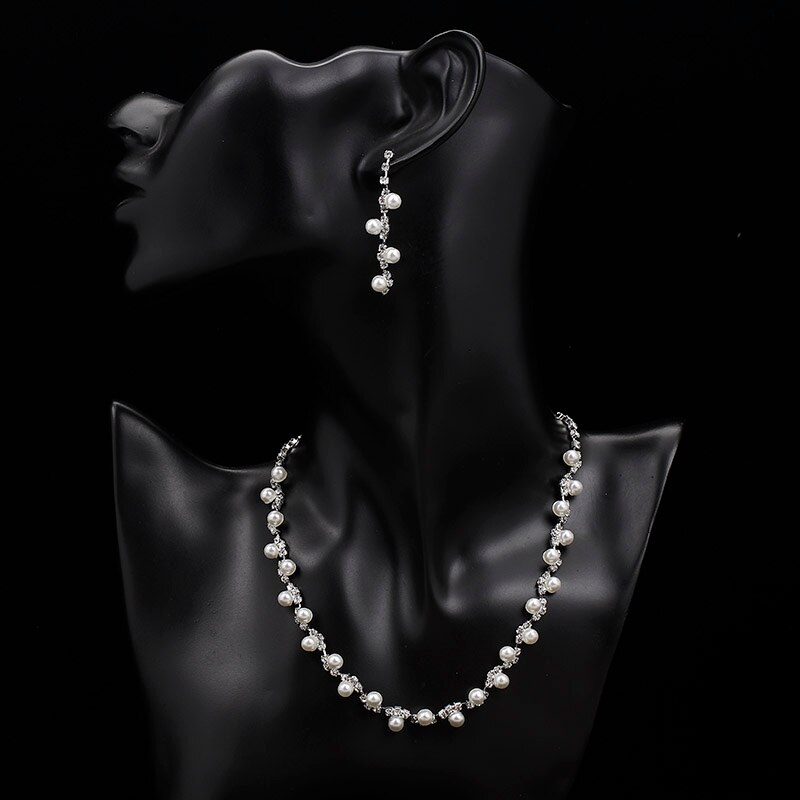 TREAZY Simulated Pearl Bridal Jewelry Sets Rhinestone Choker Necklace Earrings African Wedding Jewelry Sets for Women