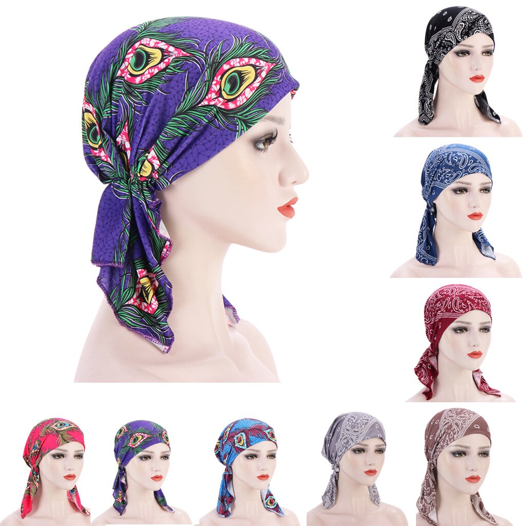 print woman turban hat soft elastic flowers lady muslim headdress wrap head scarf hijab caps turbante female