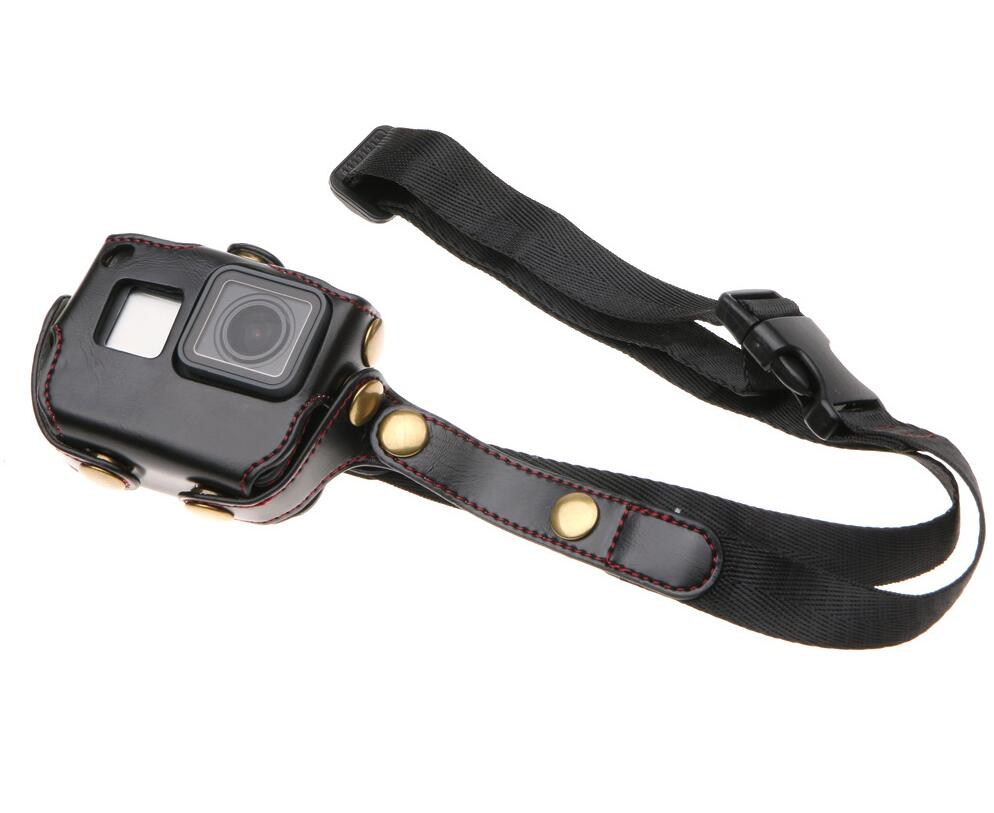 För gopro ramskydd skydd fodral läder + lång vävrem öppning baksida för go pro hero 5 6 7 svarta tillbehör: Svart färg