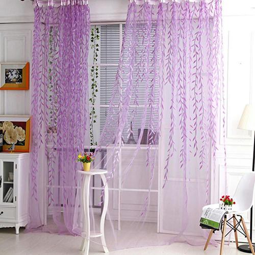 Cortina de Sauce de hilo de vidrio de árbol para el hogar, cortina de tul para decoración de habitación, paneles transparentes, cortinas colgantes de varilla verde y púrpura para decoración del hogar: Morado / 100cm x 270cm
