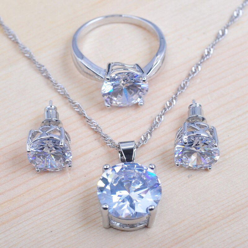 Ensemble de bijoux de mariage classiques pour femmes, rond, blanc, cubique, pendentifs, collier, boucles d'oreilles, bague