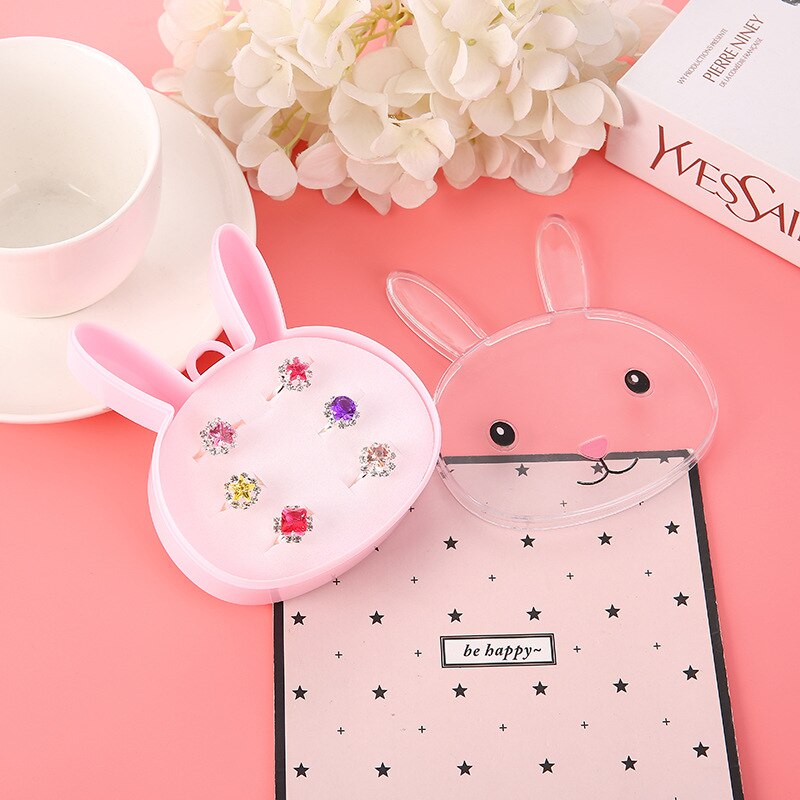 12/8/6Pcs Baby Speelgoed Kat Bunny Vorm Parel Ring Voor Meisjes Kawaii Kids Ringen Legering Kinderen sieraden Accessoires Prinses Ring: bunny box 6pcs