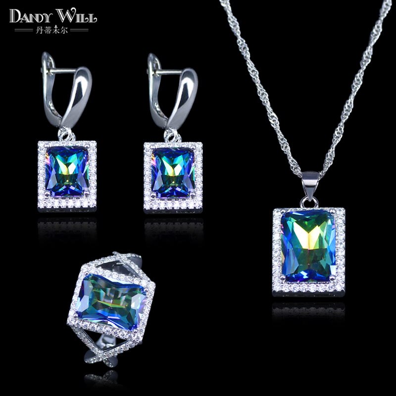Místico Zirconia cubica arcoiris, conjunto de joyería de Color plateado para novia, joyería para mujer, collar de boda/pendientes/colgante/anillo: 7