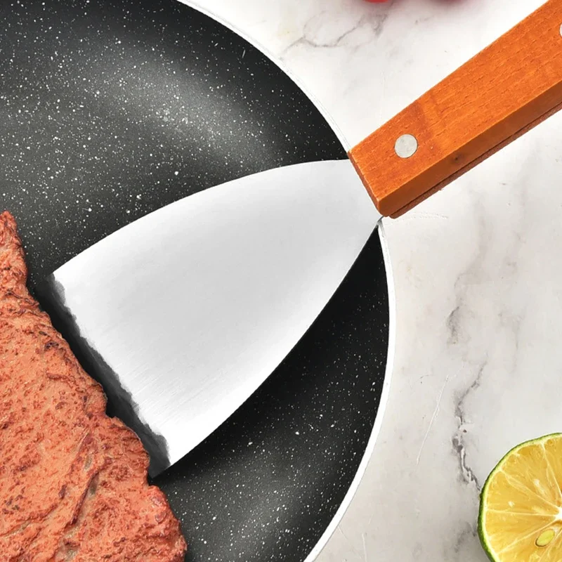 Trähandtag matlagningsspatel rostfritt stål multifunktionell matlagningstuner köksspatel grillspade köksverktyg
