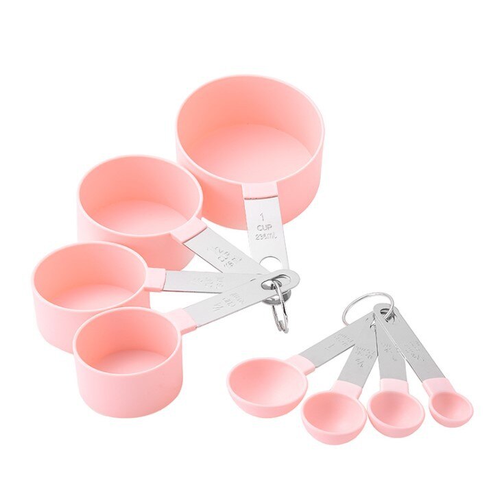 4Pcs/8Pcs Measuring Cup and Spoon Multipurpose Spoon Cup Measuring Tool Baking Accessories Stainless Steel Handle Kitchen Gadget: Pink Set