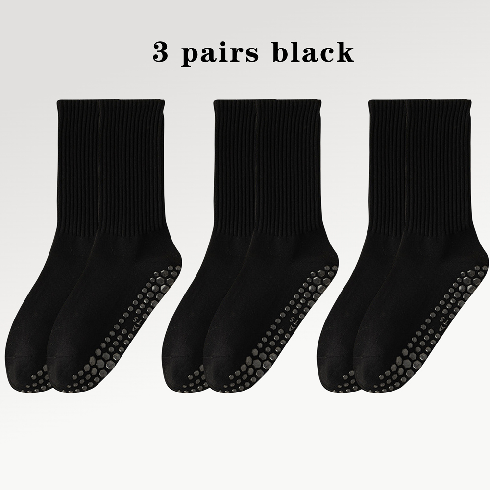 3 pares de algodão antiderrapante meias de yoga meias de comprimento médio cor sólida fitness pilates meias esportivas femininas: Vermelho