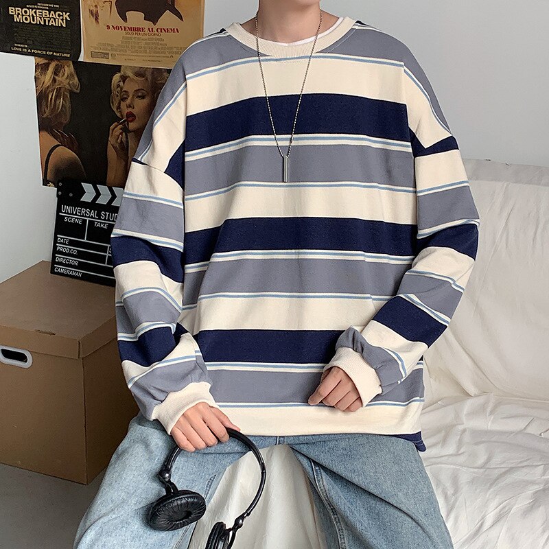 Fleece Striped Sweatshirt Men Oversized Korean Style Men's Sweatshirts Simple Student Boy Clothing: grey / XL