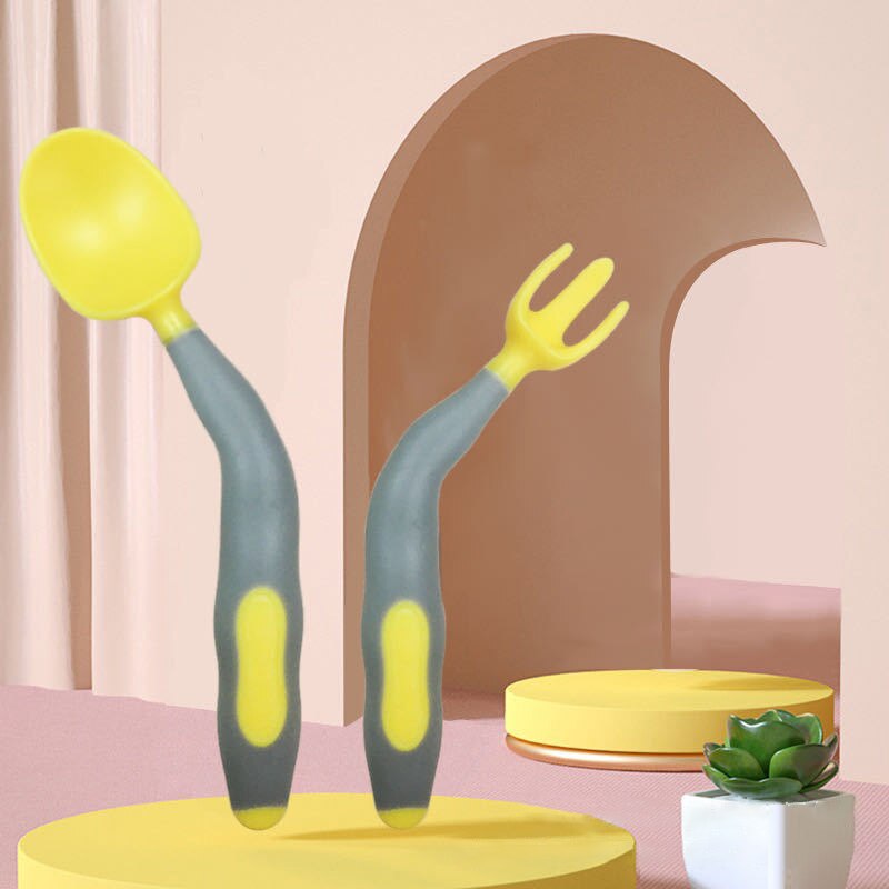 2 Teile/satz Baby Obst Gabel Löffel einstellen Nette Karikatur Baby Ausbildung Löffel Gabel Geschirr einstellen Gebogene Biegen Baby Utensil setzt: Gelb grau