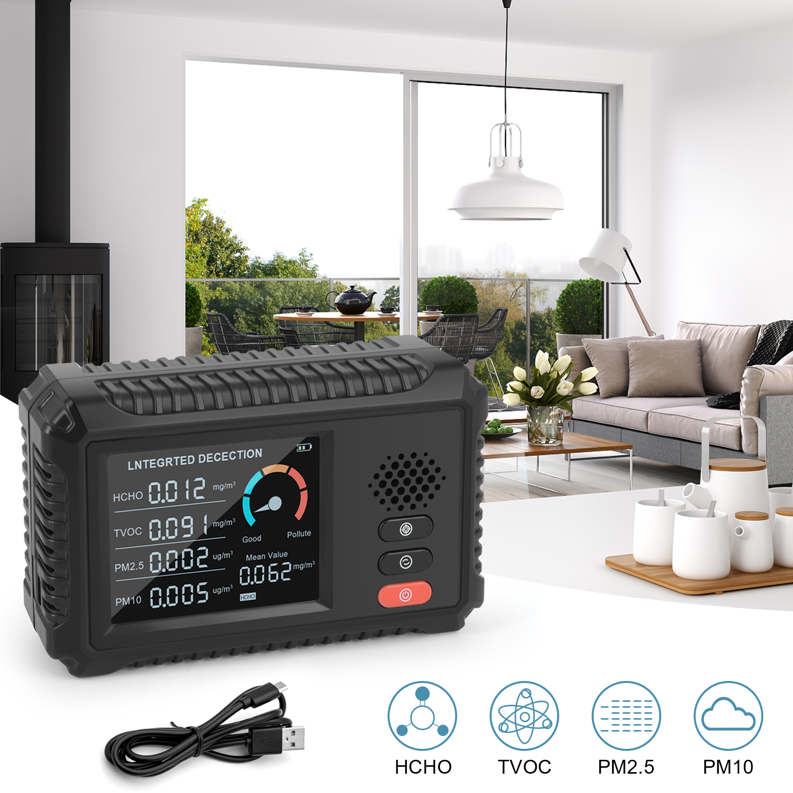 Multifunctionele Luchtkwaliteit Monitor Formaldehyde Kooldioxide Sensor Tvoc Hcho PM2.5/PM10/PM1.0 Detectie Instrument