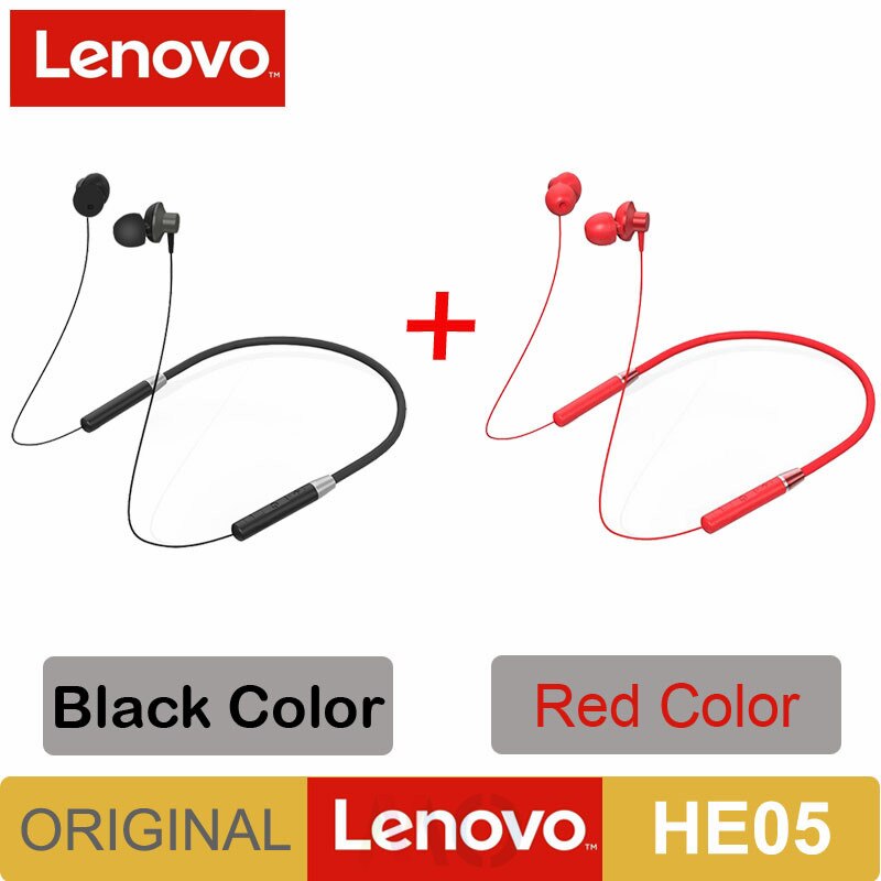 Original Lenovo HE05 Bluetooth 5.0 Wireless Magnetic Neckband Running Sports Earphone Earplug with Waterproof Noise Canceling: HE05 Black add Red