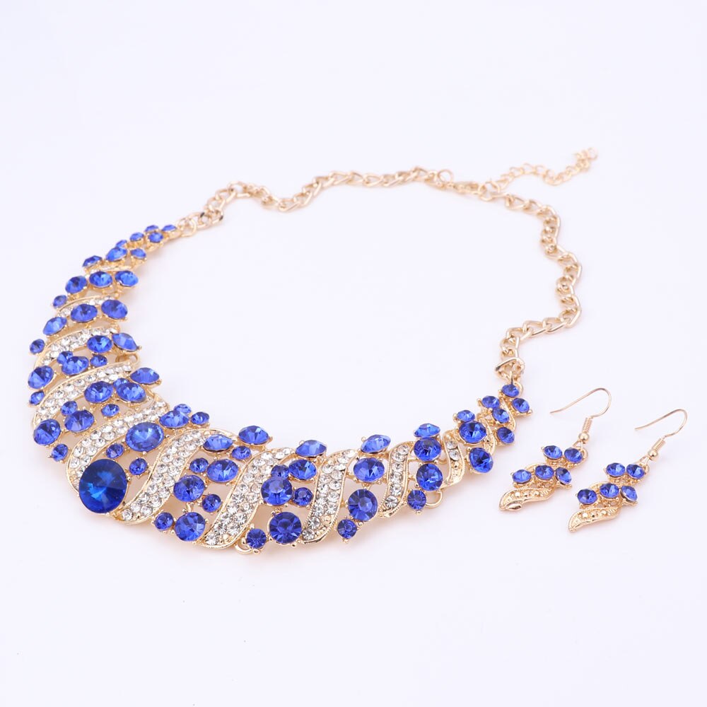 Mode Vrouwen Bruiloft Kettingen Sets Vintage Kraag Rhinestone Crystal Choker Kettingen Etnische Maxi Sieraden Sets: Blue