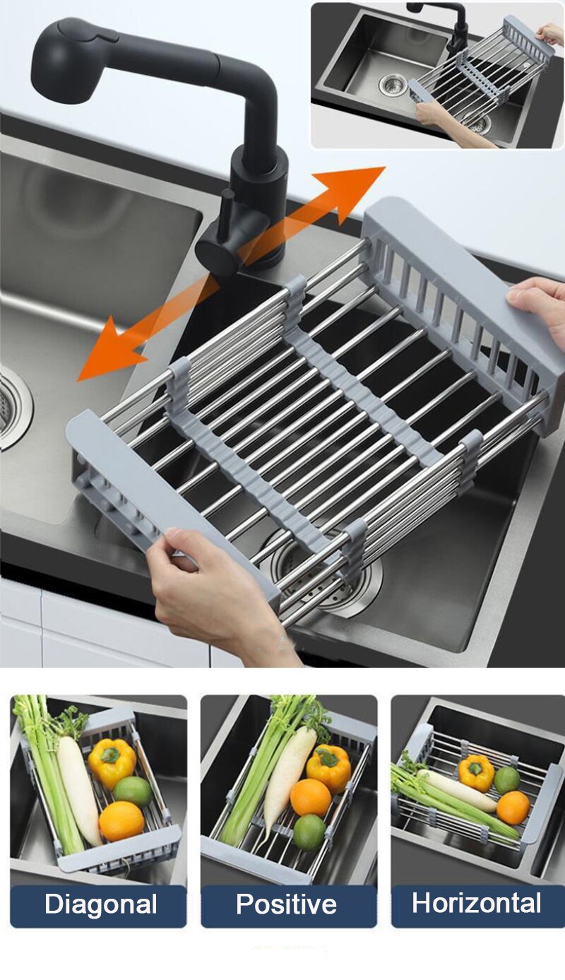 Kitchen Stainless Steel Sink Drain Rack 304 Dish Drying Rack Dish Insert Storage Organizer Fruit Vegetable Drainer Basket