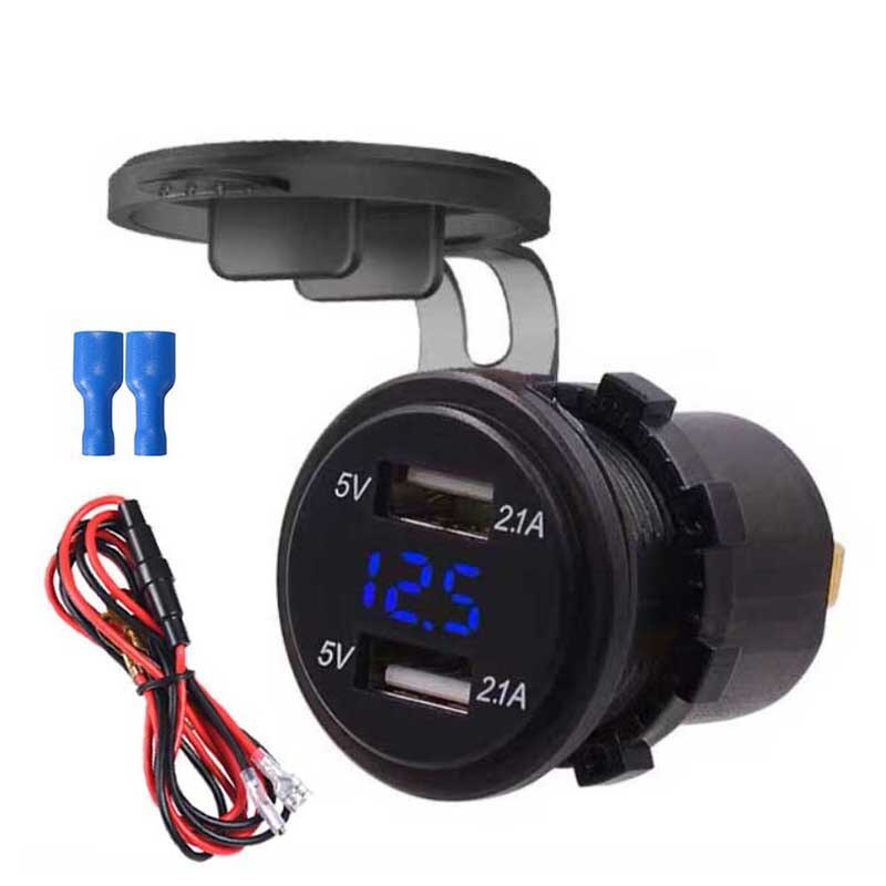 4.2a dubbele usb-telefoonopladers met led-display, waterdichte stopcontactadapter voor auto, boot, motor, atv, camper,  d4: Blauw met draad