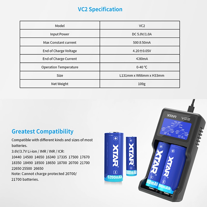 XTAR Battery Charger Set VC2 VC4 LCD Charger Micro-USB Powered 5V 2.1A 3.6V 3.7V 20700 21700 18650 Battery Charger XTAR VC2 VC4