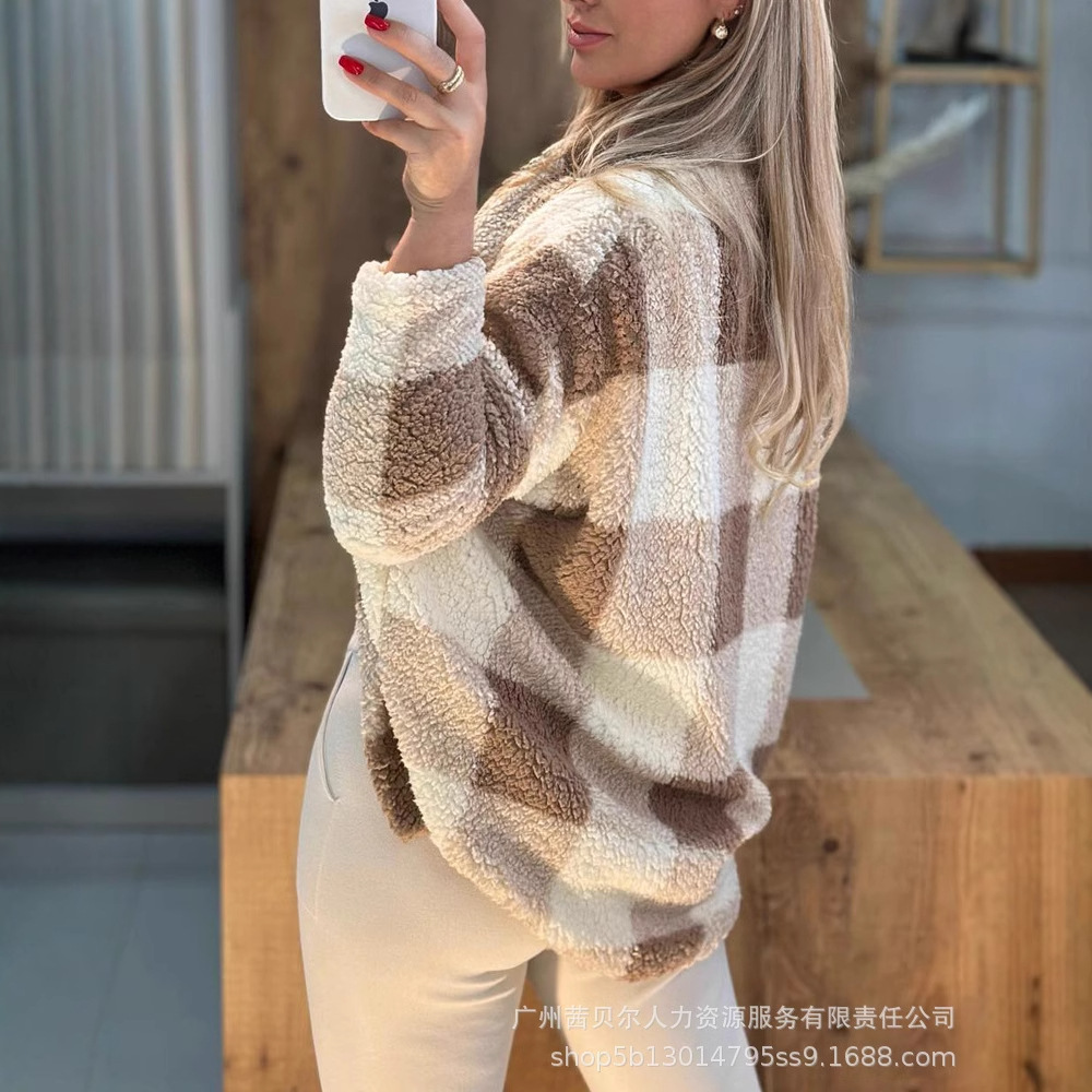 Damesjas Kaki herfst- en winterfleece geruit patroon Casual vest met vleermuismouwen voor dames