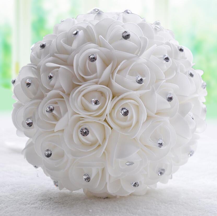 AYiCuthia boeket zijde bloemen Bridesmaid Wedding Foamflowers White Rose Bridal bouquet White Satin Romantic Wedding bouquet: white