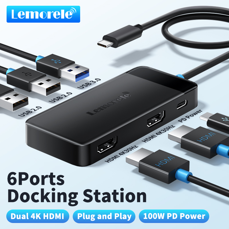 Lemorele TC122 USB C HUB Dual HDMI 4K Docking Station USB 3.0 PD 100W Type C Port dla Macbook iPad M2 M1 Steam Deck: Default Title