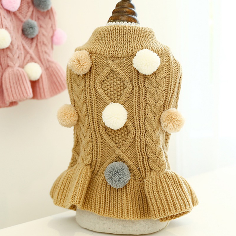 Ropa cálida para perro, suéter para mascotas, vestido de cuello alto, suéteres para cachorros, Falda de punto con pompón, ropa de invierno para mascotas pequeñas: b / L