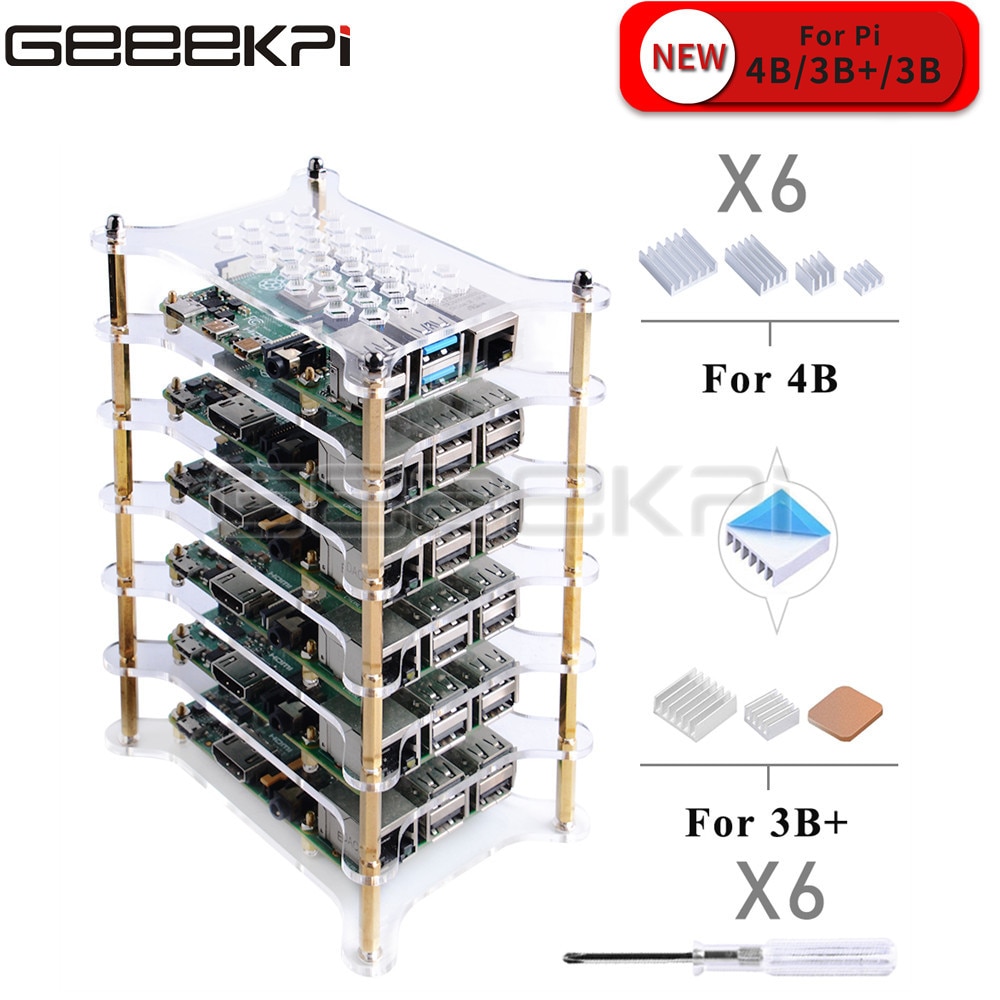 GeeekPi-boîtier en acrylique Transparent à 6 couches, clair/brun foncé, avec dissipateur thermique et tournevis pour Raspberry Pi 4 B / 3B + / 3B / 2B +