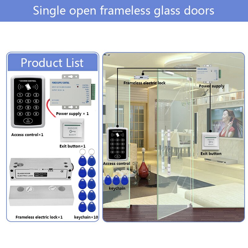 Door Access Control System Kit RFID Access Control Keypad + Power Supply + Electric Magnetic Lock Bolt Strike Locks + 10pcs Keys: Kit10