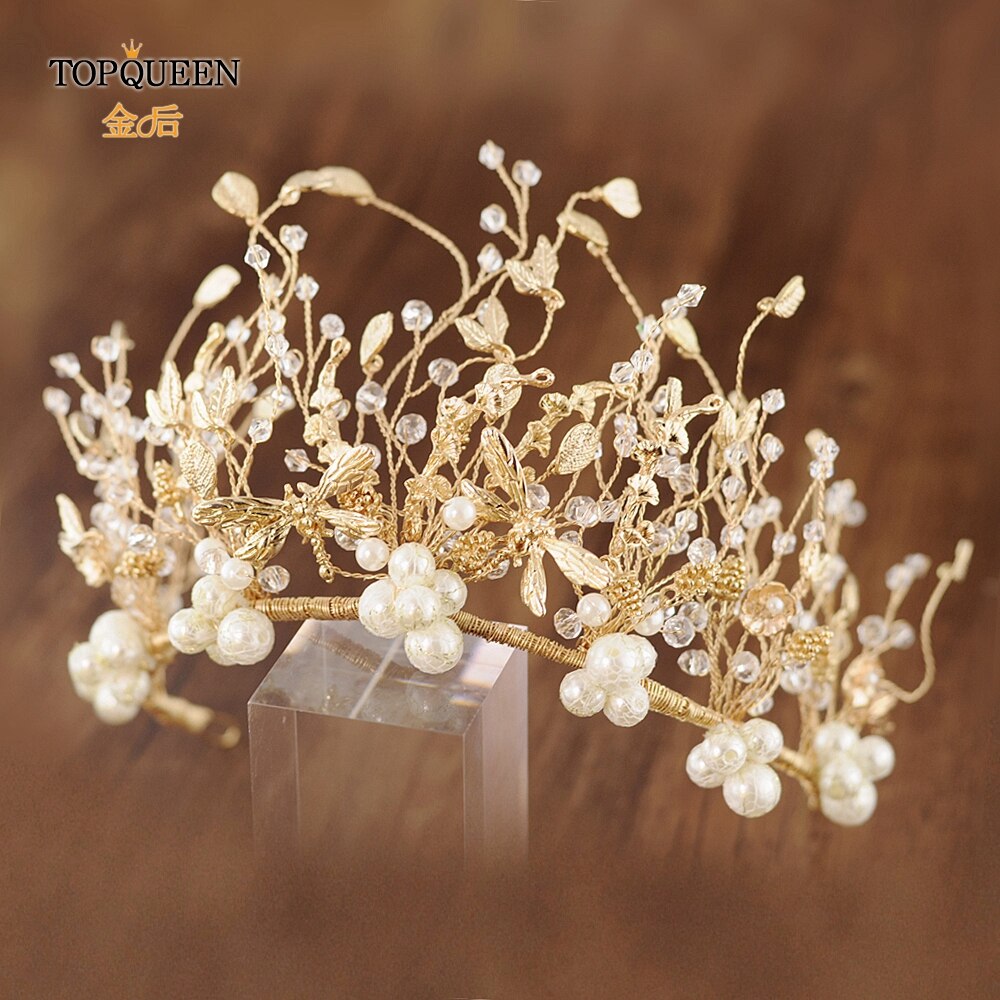 TOPQUEEN Wedding Tiara and Crown Pearl Bride Hair Jewelry Handmade Crystal Wedding Hair Accessories Bridal Headpieces HP214