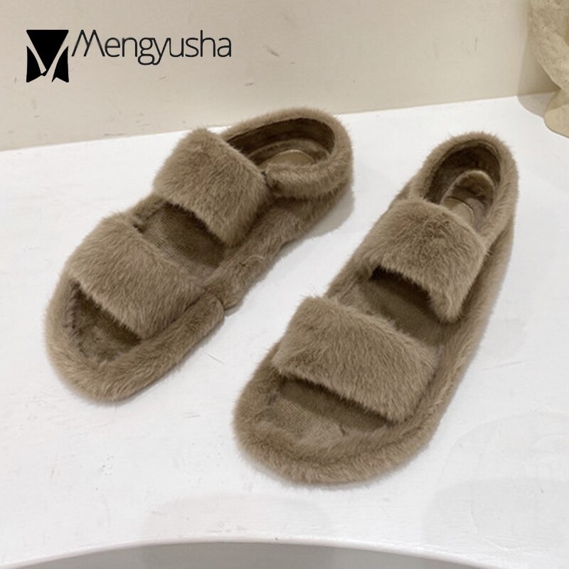 Vinter mink pels sandaler kvinner elastisk stropp gladiator sandaler bomullssko studenter flipflops kvinne dobbeltbånd lodne sandalier