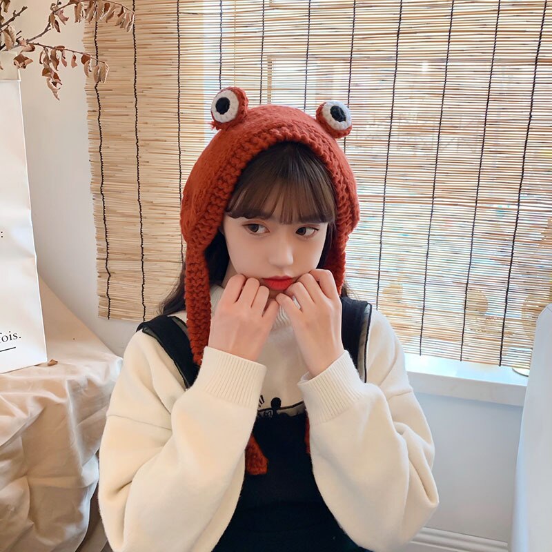 Gorro de punto de ganchillo para mujer, gorro bonito de rana, disfraz, de Hip-hop, accesorios de fotografía para de invierno: wine red