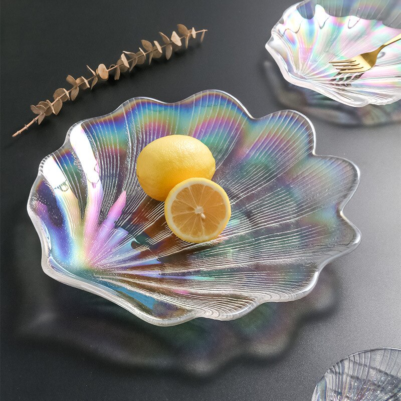 Colorful glass plate sea shell fruit plate European tray snack plate dessert tray cute plates cake plate fruit plate