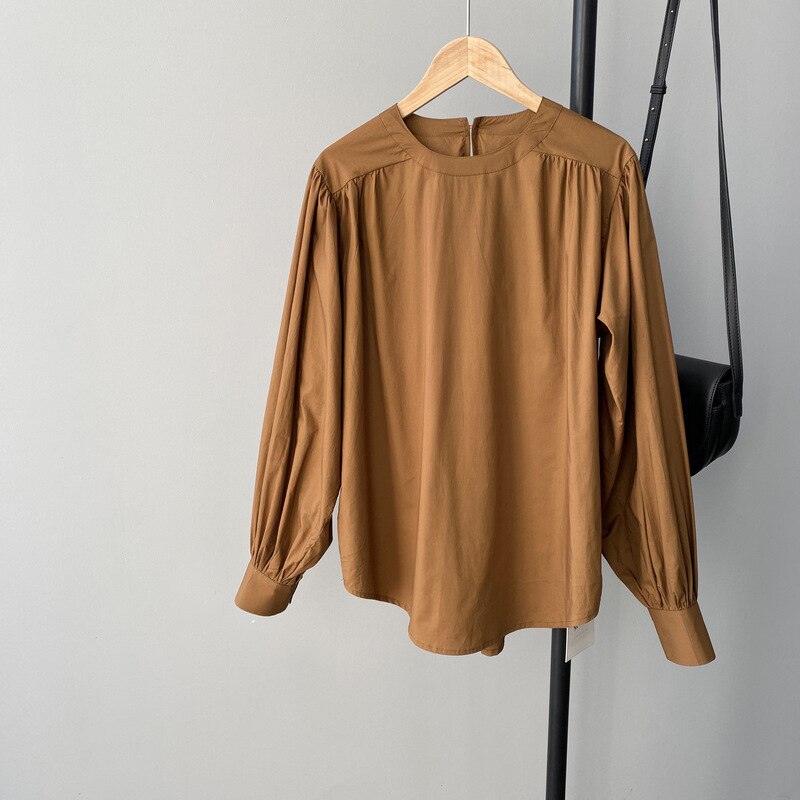 Manera de la linterna de La Manga primavera blusa camisas casuales de las mujeres O cuello suelto Casual Tops blusa nueva liso Simple Camisas de mujer CRRIFLZ